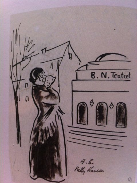 Teaterdirektør Betty Nansen foran sit teater - under en krise. Tegning af Hans Bendix. 